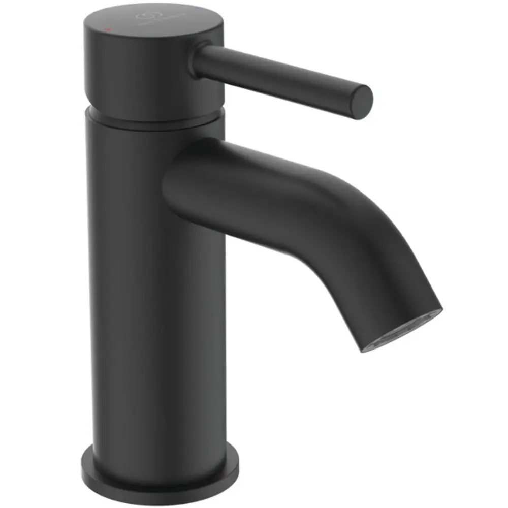 Schwarze Waschtischarmatur von Ideal Standard mit einem klaren Auslauf. Die Steuerung erfolgt über einen seitlichen Hebel.